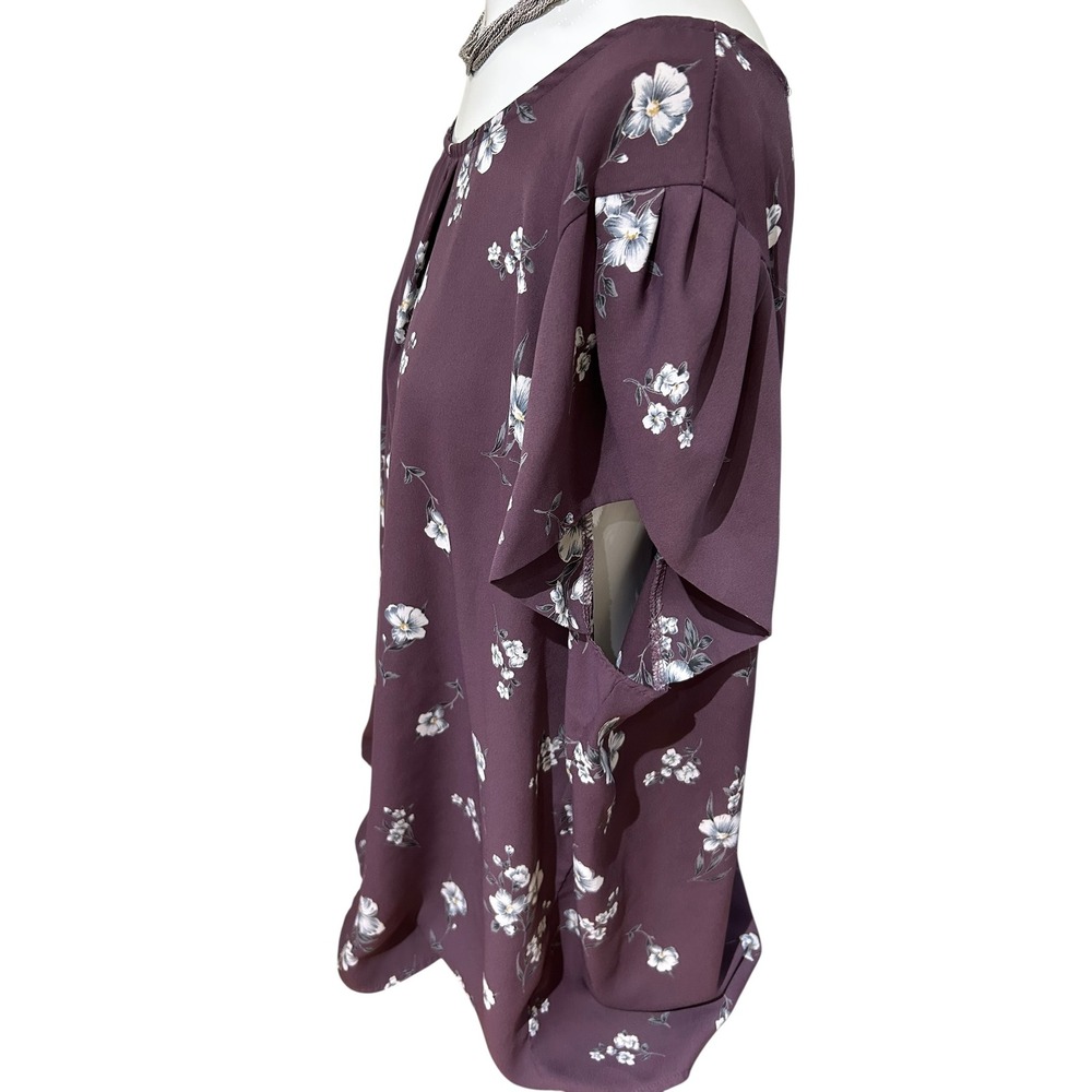 Papermoon Floral Blouse Top Maroon Short Sleeve Keyhole Back Pleated Front XXL - Picture 2 of 3